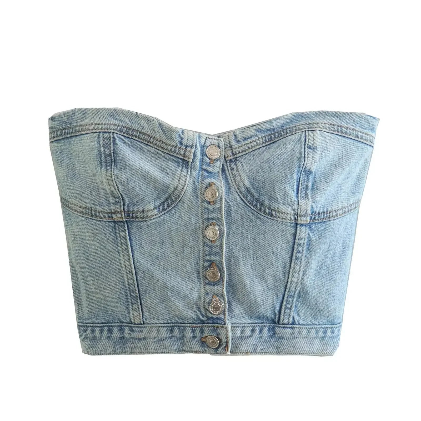 Women's Button Down Denim Bustier Crop Top Strapless Jeans Corset Top Backles Push Up Tank Tops Vintage Harajuku Streetwear