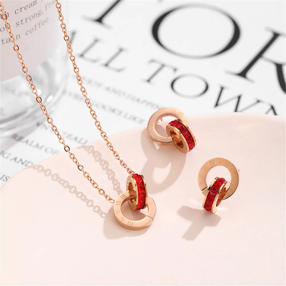 316L Stainless Steel Micro Red White Inlaid Zircon  Roman Digital Lifting Earrings Necklace Wedding Bridal Jewelry Set Luxlife Brands