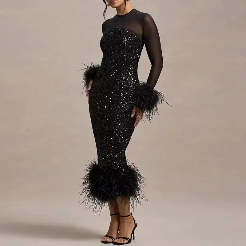 LUX Shimmer Feather Maxi Dress