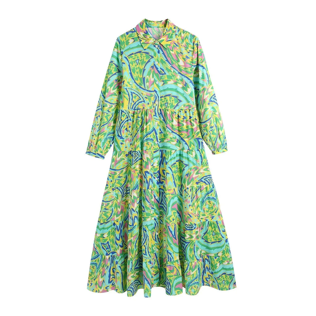 Foridol Paisley Print Shirt Dress Elegant Autumn Spring Green Dress Floral Print Boho Female Maxi Dress Long Sleeve Dress 2023