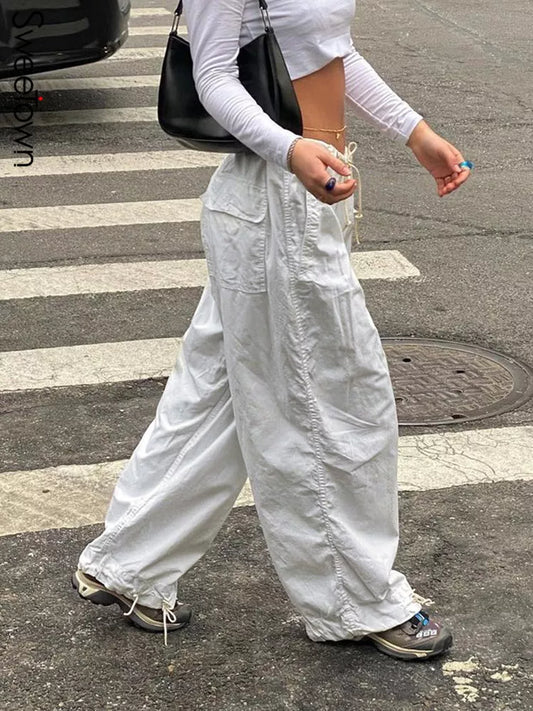 Wide Leg Drawstring Low Waist Streetwear Cargo Pants LUXLIFE BRANDS