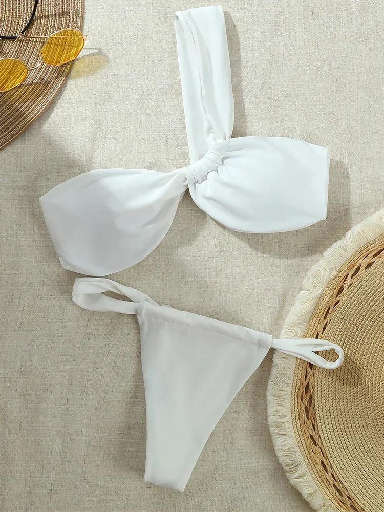 Bathing Suit Women Sexy One Shoulder Swimsuit Solid Color Bikini Set Two-piece Split Beach Wear Thong Biquini 2024 Summer