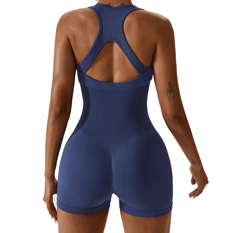 WISRUNING Hollow Out Back Yoga Jumpsuit Seamless Fitness Suit Ribbed Bicycles Sports Bodysuit Women Gym Workout Push Up Tights LUXLIFE BRANDS