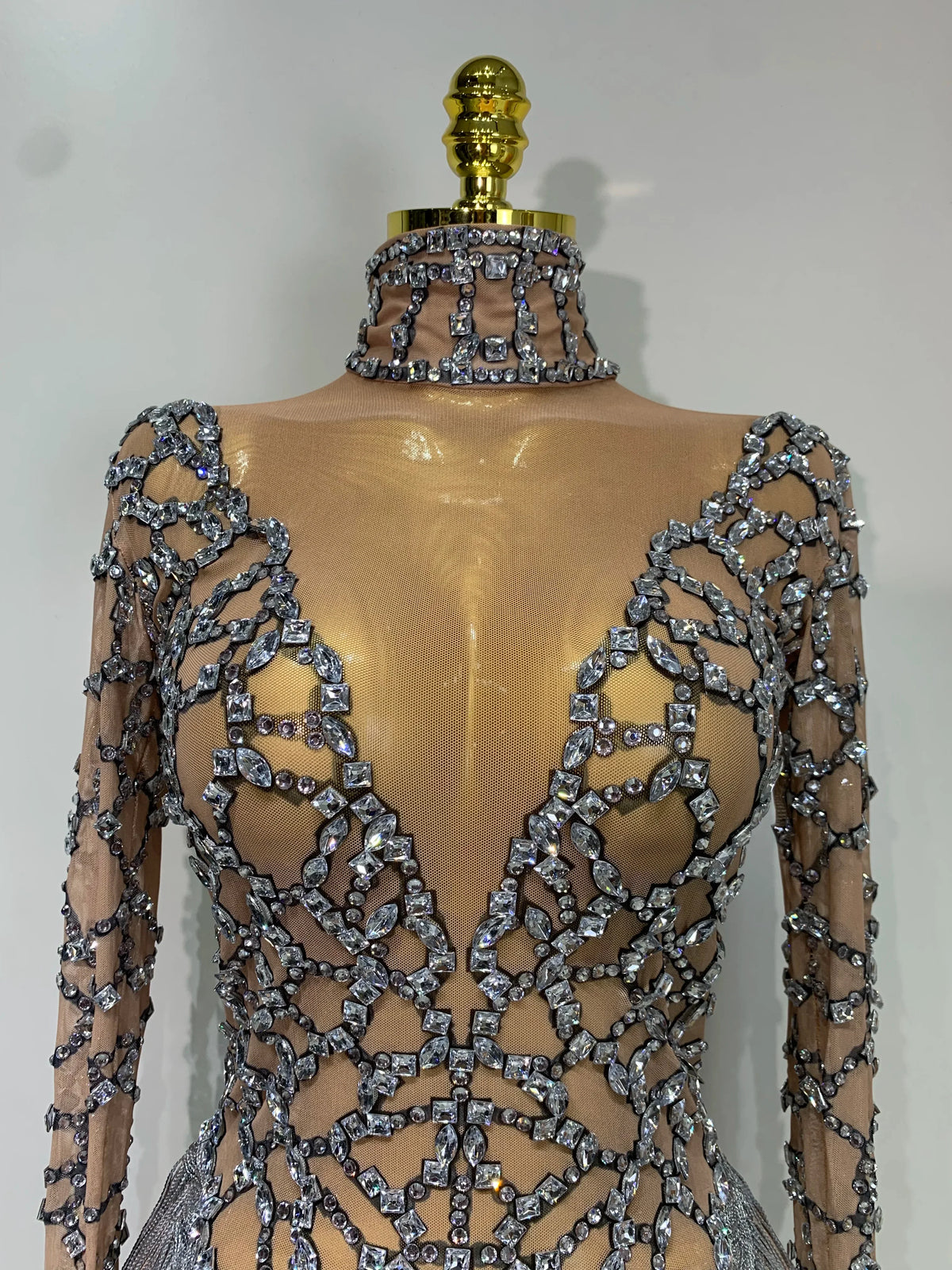 The Stardust Diamond Fringe Bodysuit – Luxury Rhinestone Mesh Stage Costume