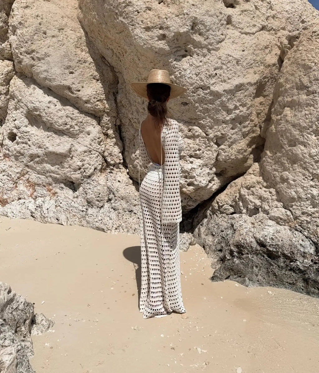 Sexy Knit Mesh Backless Long Bell Sleeve Beach Maxi Dress 2025 Women's Summer Slim Outfits Vacation Swimsuit Cover Up Tunic K205 Luxlife Brands