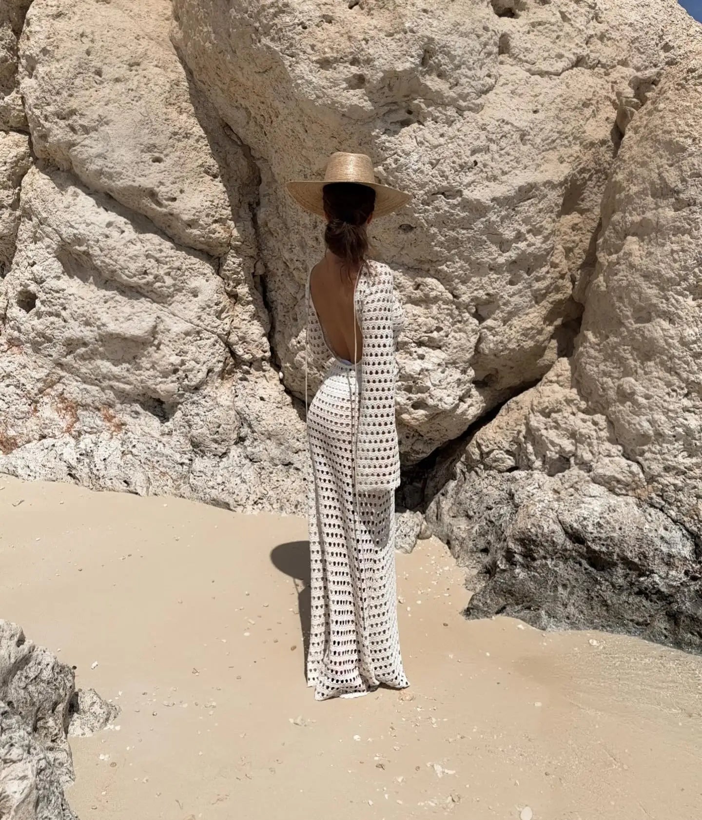 Sexy Knit Mesh Backless Long Bell Sleeve Beach Maxi Dress 2025 Women's Summer Slim Outfits Vacation Swimsuit Cover Up Tunic K205 Luxlife Brands