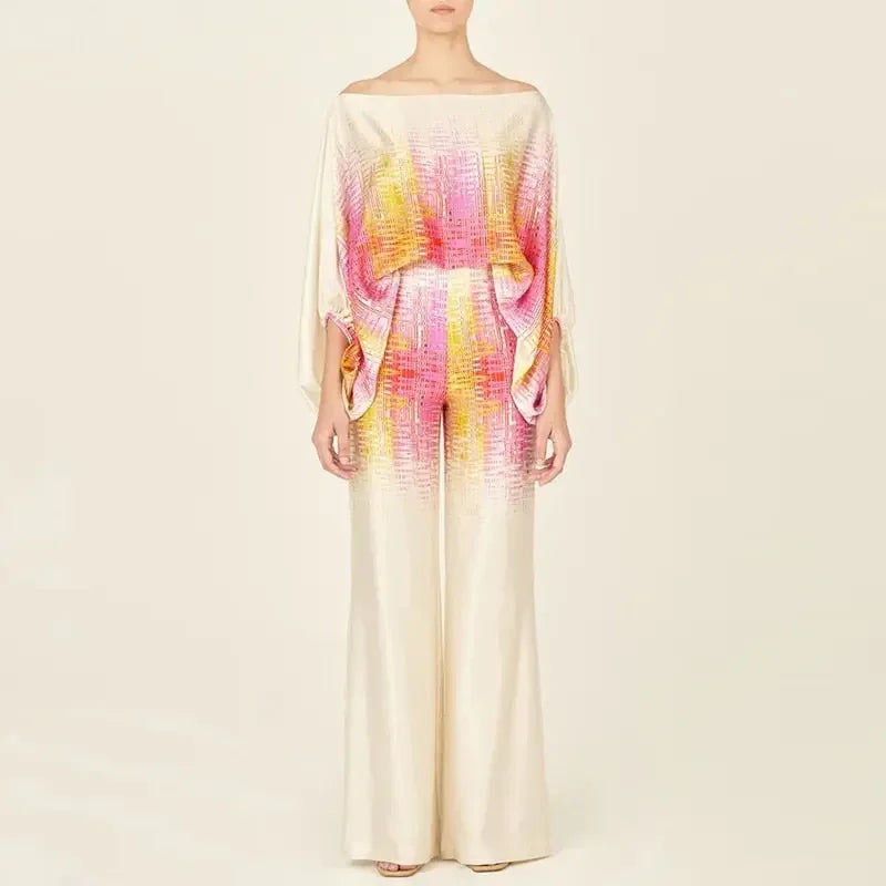 Casual Satin Commuting Suit Fashion Hollow Off Shoulder Tops With Long Pants Women 2 Piece Sets 2023 Spring Loose Print Outfits