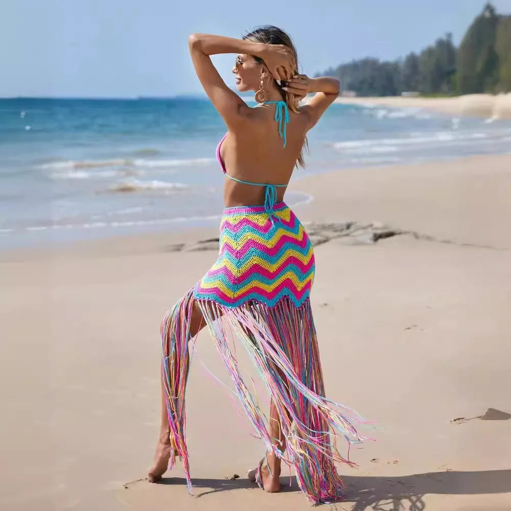 Fashion Multicolor Wave Beach Skirts Two Piece Sets Women Sexy Kintted Tops Tassel Long Skrts Suits Summer Bikini Cover Up Dress LUXLIFE BRANDS