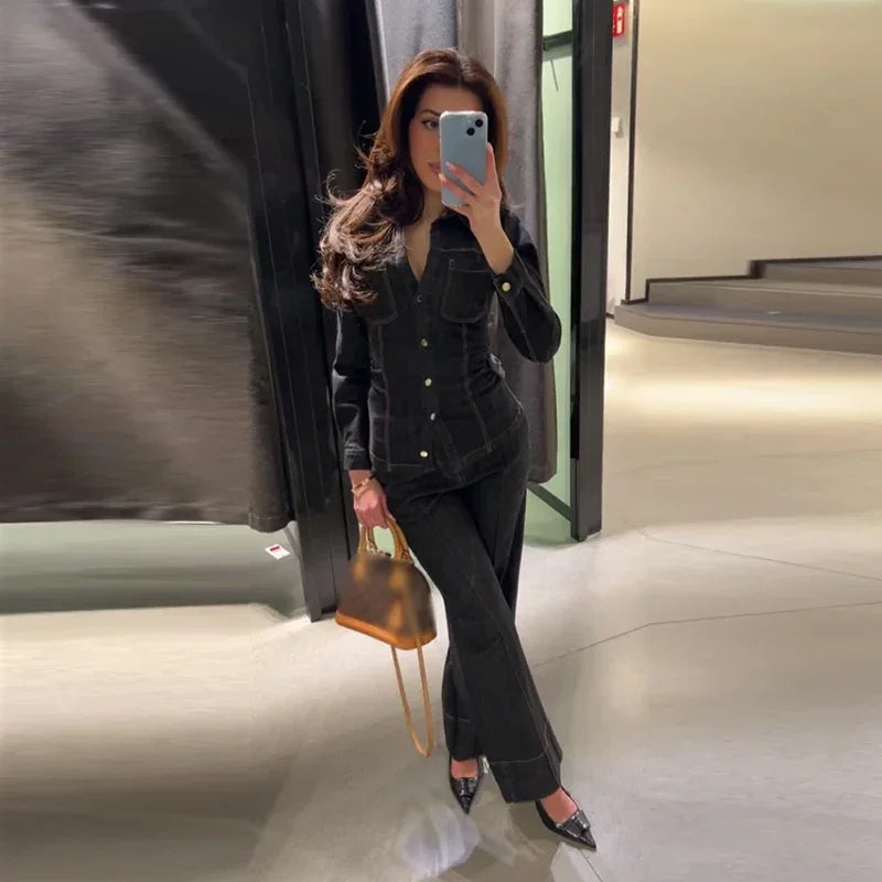 Street Vintage Denim Pants Sets Women Slim Long Sleeve Lapel Single Breasted Jacket Straight Trousers 2025 Spring Lady Outfits
