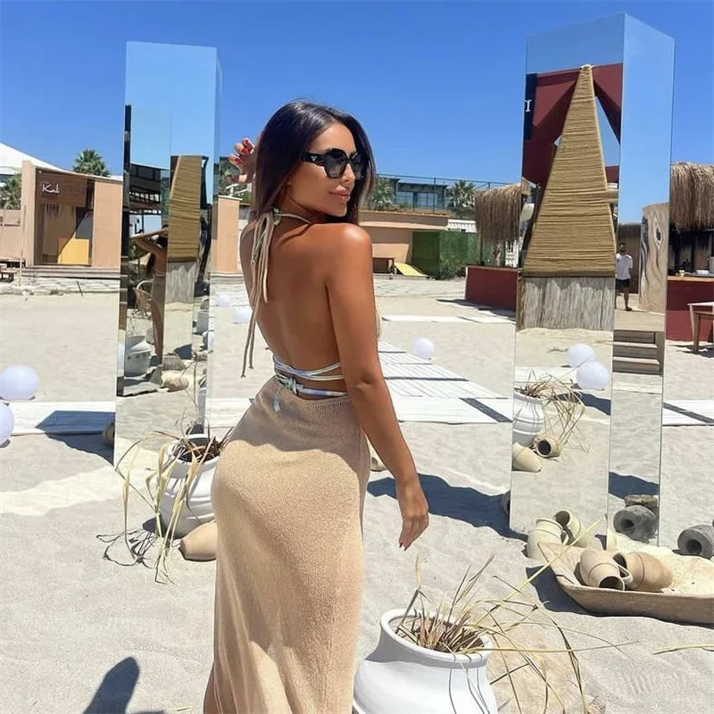 Women See-through Knit Long Dress Halter Neck Sexy Elegant Solid Color Sleeveless Backless Slim High Split Beach Haliday Coverup LUXLIFE BRANDS