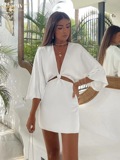 Clacive Bodycon Half Sleeve Hollow Out Mini Dress Ladies Sexy Silky Party Dresses Summer Deep V-Neck White Satin Dress Woman