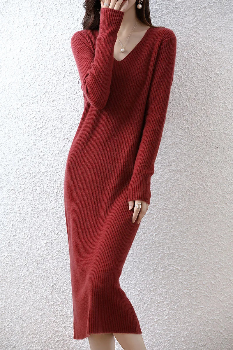 Elegant Long Sleeve Ribbed 100% Merino Wool Sweater Dress LUXLIFE BRANDS