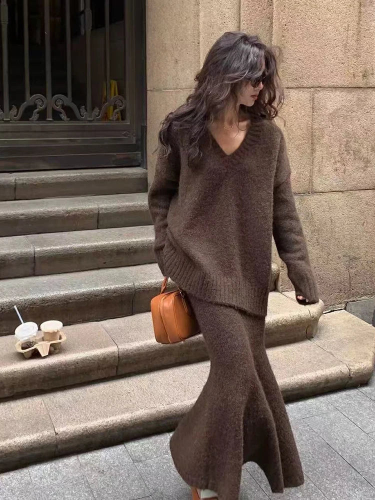 Knitted Sweater Skirts 2 Piece Set for Women Winter Vintage V Neck Loose Warm Pullover Korean Korean High Waist Midi Skirts Set Luxlife Brands