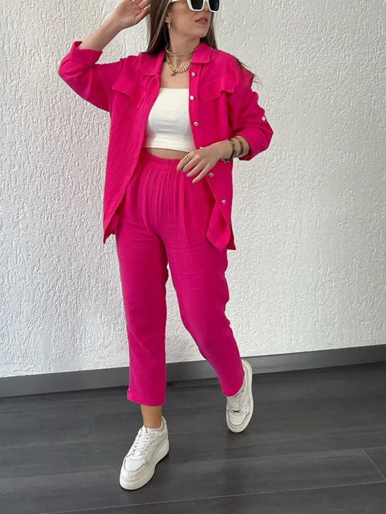 Solid Pleated Two Piece Set For Women 2023 Autumn Tracksuit Casual Long Sleeve Pants Sets Fashion Button Outfits Suit Streetwear