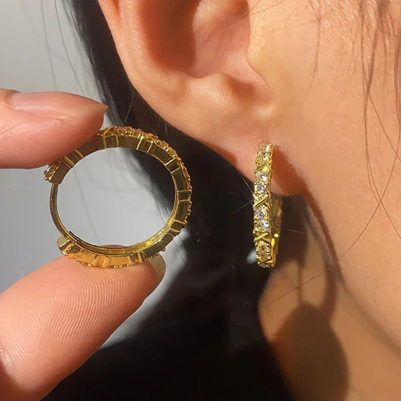 Huitan Novel Women's Hoop Earrings Gold Color Exquisite Cubic Zirconia Circle Earrings Daily Wear Fashionable Female Jewelry Hot LUXLIFE BRANDS