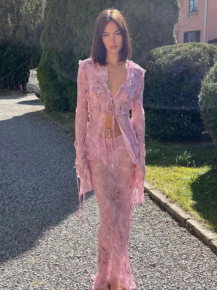 2023 Y2K Style Two Piece Suit Sexy Front Open Wood Ear Edge Lace-up Printed Top High Waist Long Dress Bikini Cover Ups A2586 LUXLIFE BRANDS