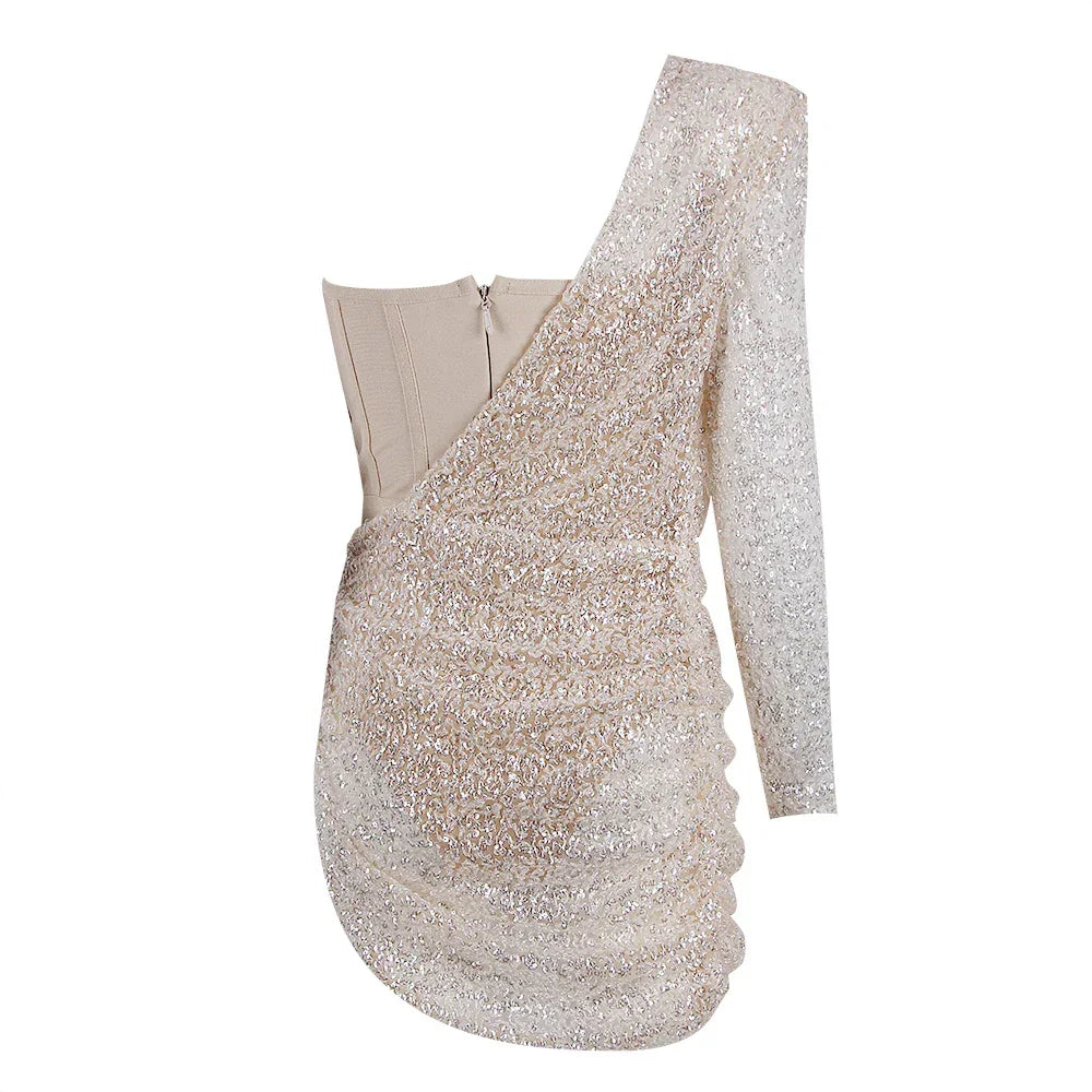 Women Bandages Dress Sexy Sequins One Shoulder Patchwork Clothes 2022 New Celebrity Party Club Mini Dresses LUXLIFE BRANDS