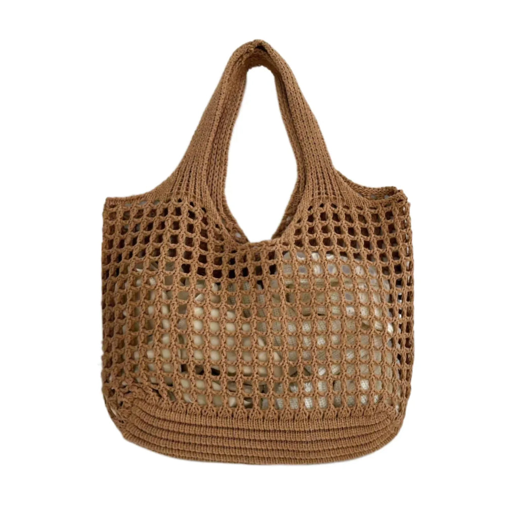 Women Crochet Tote Bag Hollow Beach Bag Large Capacity Fashion Knitted Bag Solid Color Simple Shopping Bag for Travel Vacation