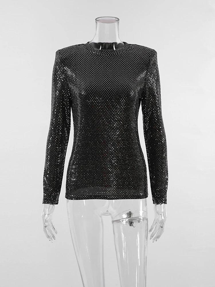 Aynaray 2023 Autumn Winter Women Office Slim Pullover Tops Solid Black Bodycon O-neck Long Sleeve Brightly T-shirts Female Luxlife Brands