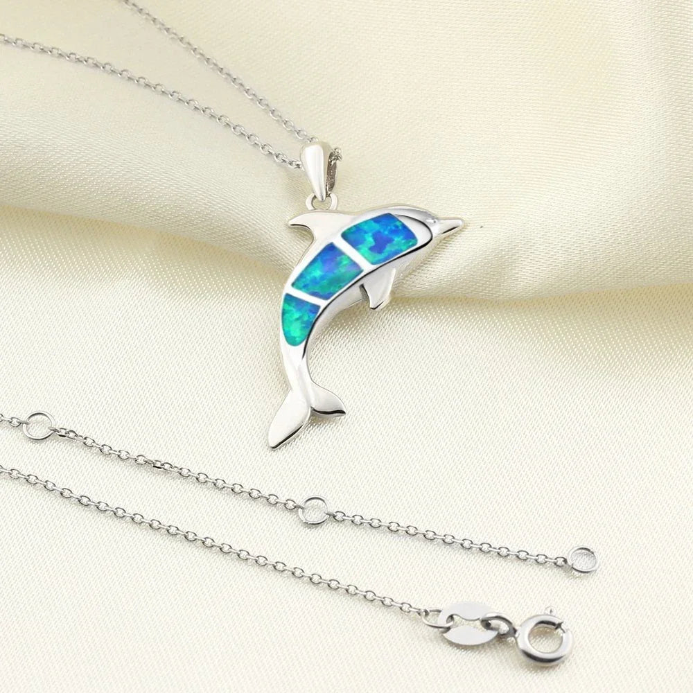 Boho Fashion Sea Animal Dolphin Pendant Necklace for Women Girl Inlay Imitation Blue Opal Necklace Wedding Party Jewelry Luxlife Brands