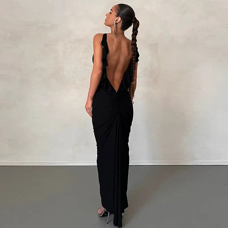 Backless Maxi Dress Elegant Red Long Sleeve Sexy Ruched Bodyocn Evening Party Dress for Women 2023 Spring Slim Christmas Outfits