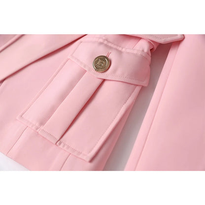 Amazing Design Workwear Office Lady Luxury OL Quality Pockets Blazer With Belt Baby Pink Formal Jacket For Women