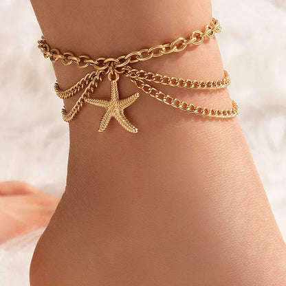 Modyle Bohemia Gold Color Snake Ankle Bracelet Set For Women Starfish Shell Heart Charm Anklet Chain On Leg Boho Jewelry Gift