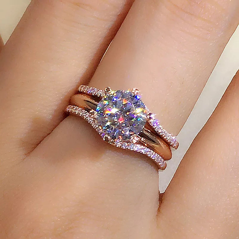 Huitan Unique Rose Gold Color Rings for Women Classic 6 Claws Designed Cubic Zirconia Rings Wedding Engagement Bands Hot Jewelry
