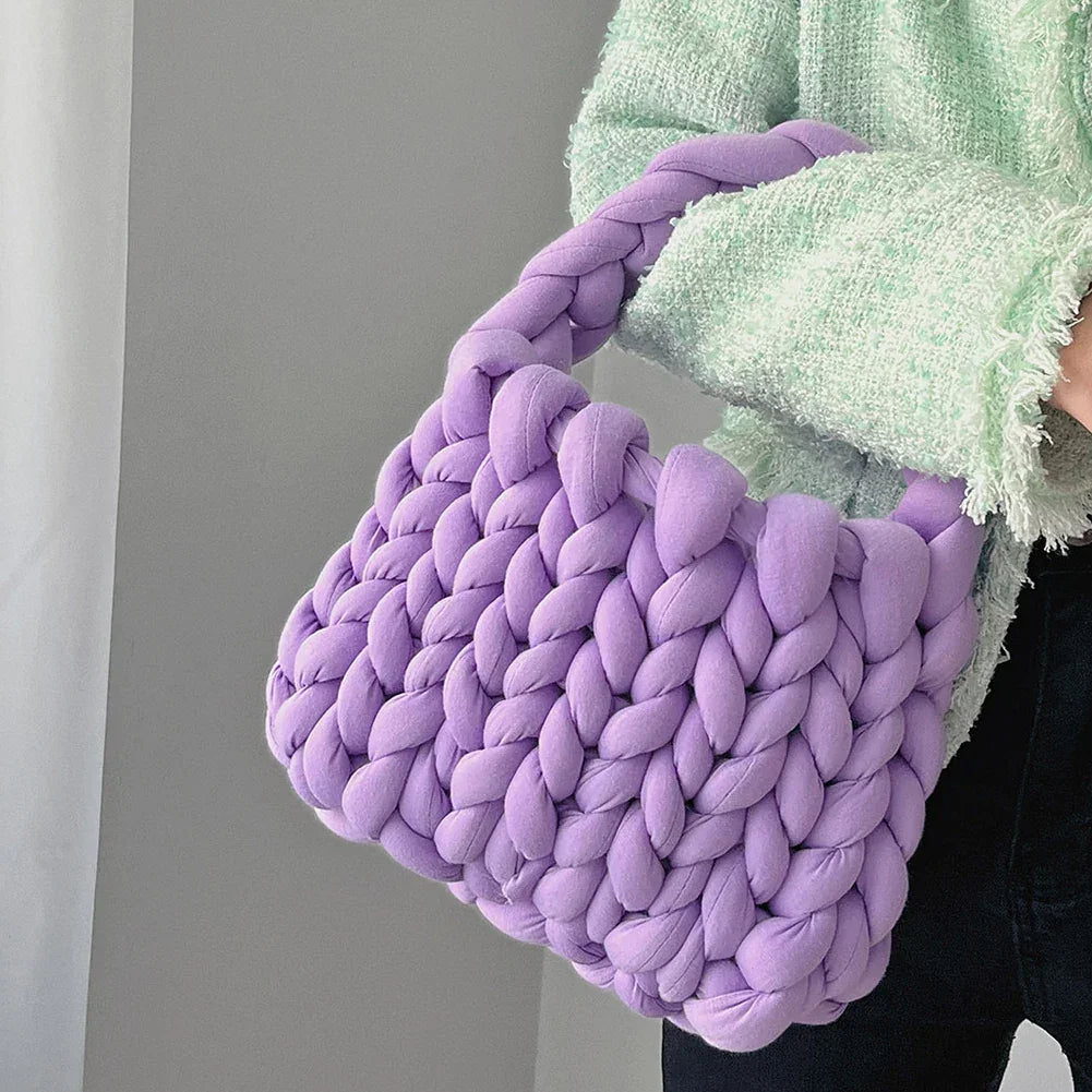 Beach Crochet Handbag Summer Straw Rope Knitting Top-Handle Bag for Women's Icelandic Wool Handmade Clutch Bag Lightweight Totes