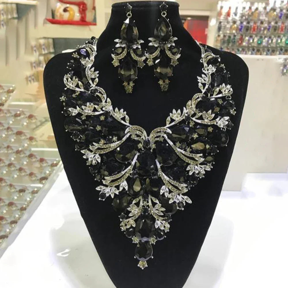 Multicolored Rhinestone Drop Necklace & Earring Set