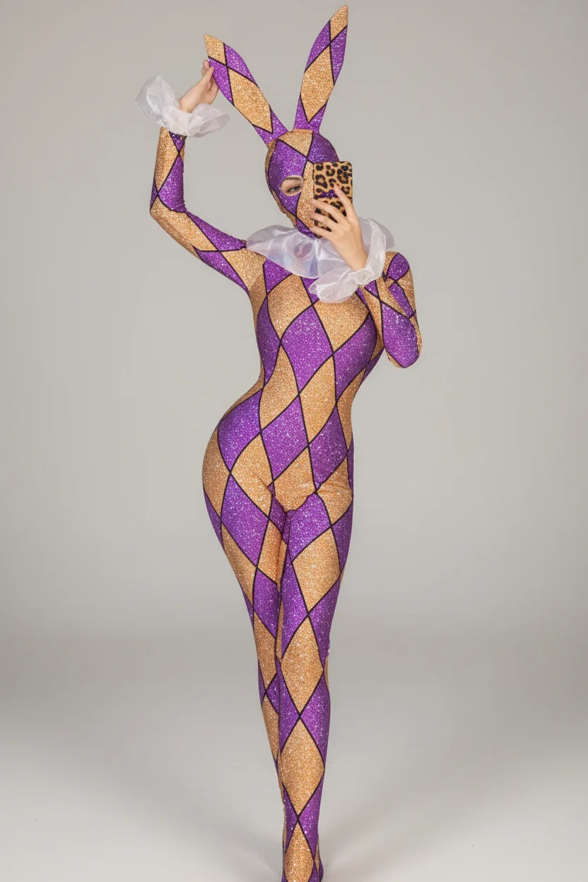 Futuristic Geometric Rhinestone Bunny Bodysuit – Luxury Showgirl Stage Costume & Exotic Festival Leotard with Statement Collar