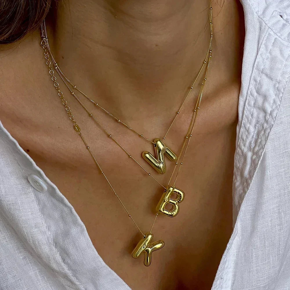 Vintage Stainless Steel Balloon Bubble Chunky Letter Necklace for Women 18K Gold Plated Initial Necklaces Collar Jewelry Gift LUXLIFE BRANDS