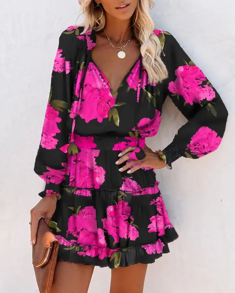 Women's Dresses 2023 Spring Fashion Floral Print Long Sleeve V Neck Casual Lantern Sleeve Ruffle Mini Waist Dress