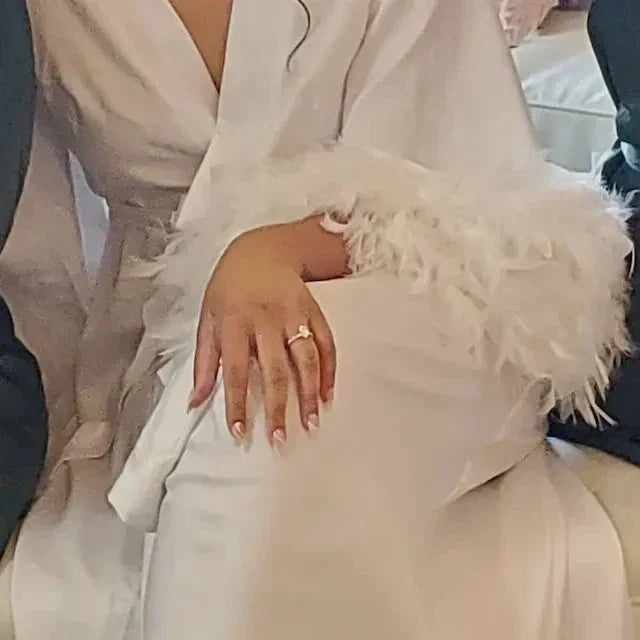 Feather Trim Floor Length Wedding Dressing Gown White Boudoir Satin Kimono Bridal Robes Long Silk Bridesmaid Gift Robe LUXLIFE BRANDS