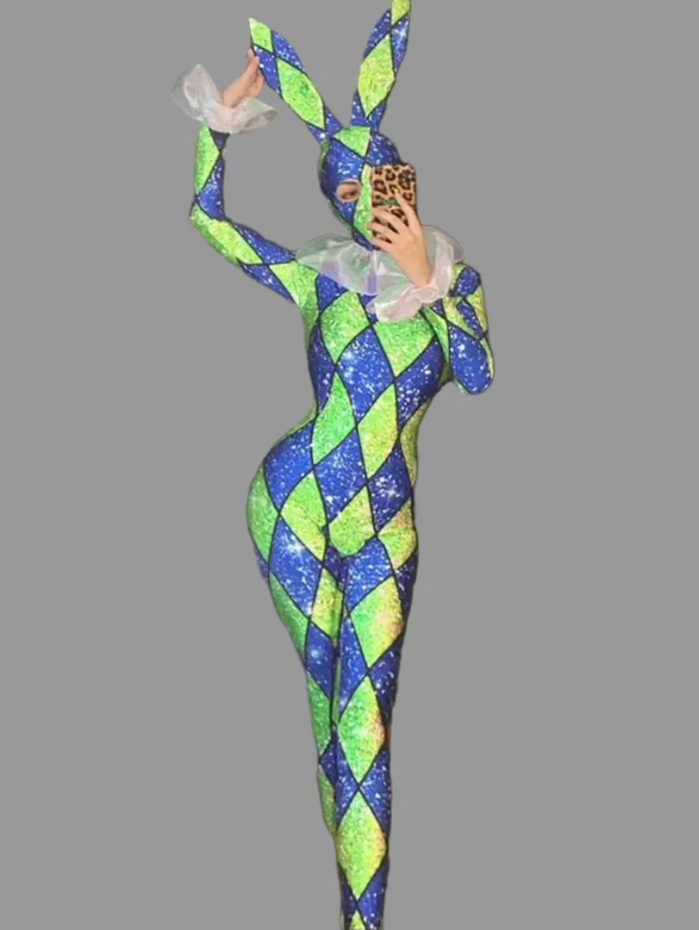 Futuristic Geometric Rhinestone Bunny Bodysuit – Luxury Showgirl Stage Costume & Exotic Festival Leotard with Statement Collar
