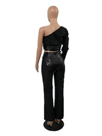 Wmstar Two Piece Set Women Single Long Sleeve Outfit Sexy Bodycon PU Patchwork Top Pants Set Matching Wholesale Dropshpping 2024 Luxlife Brands