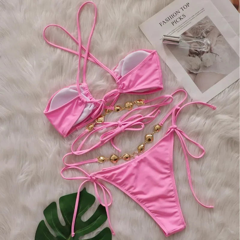 Pink Sexy Bikinis Swimsuit With Rhinestones Women Swimwear Female Push Up Bikini Beach Swim Wear Bathing Suit Pool Bather 2025 Luxlife Brands