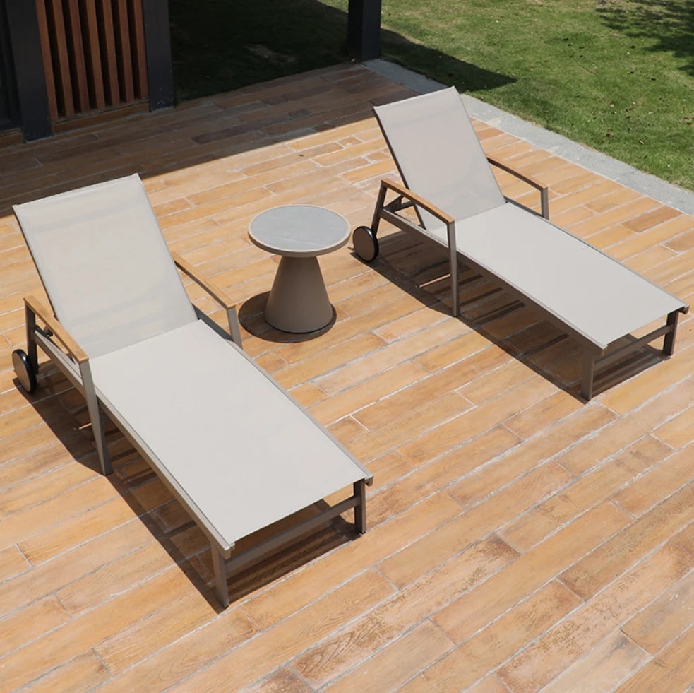 Outdoor Poolside Sun Lounger Set With Adjustable Reclining Comfortable And Durable Chaise Lounge With Armrests And Side Table