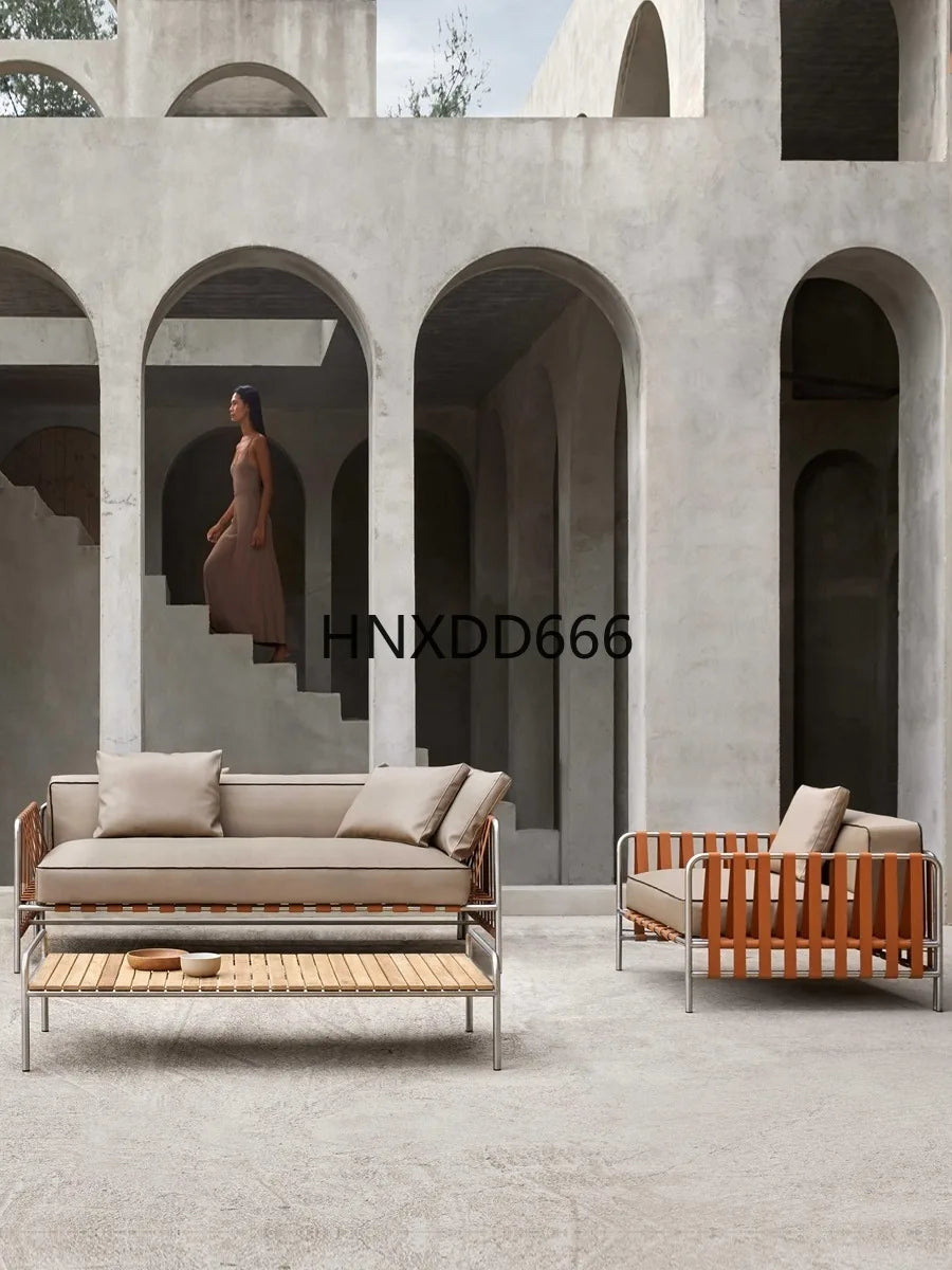 Outdoor stainless steel sofa rattan courtyard villa rain and sun coffee table combination