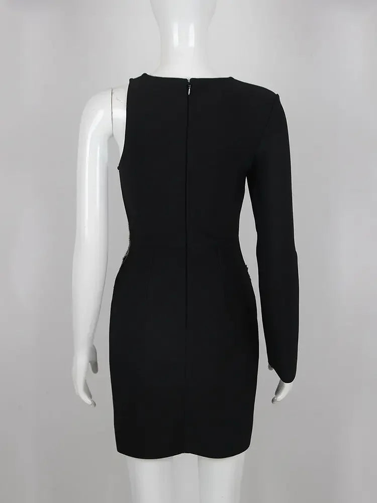 DEIVE TEGER 2023 New Women's One Shoulder Long Sleeve Mesh Patch Diamond Club Evening Sexy Party Mini Bandage Dress Vestidos LUXLIFE BRANDS