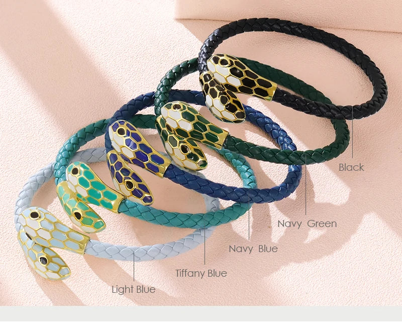 Double Snake Head Cuff Bangles Braided Leather