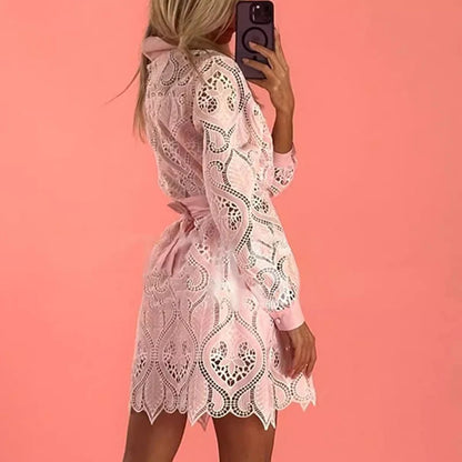 ONEINALL Hollow Out Embroidery Dress For Women Lapel Long Sleeve High Waist Spliced Single Breasted Casual Mini Dresses Female