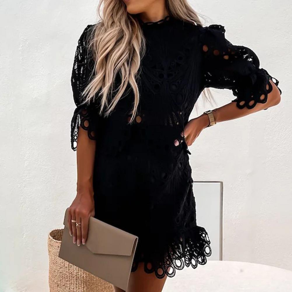 Women Outfit Solid Color Laciness Flare Sleeves Hollow Out Top Shorts Outfits Elegant Lace T-shirt Shorts Set Women's Clothing