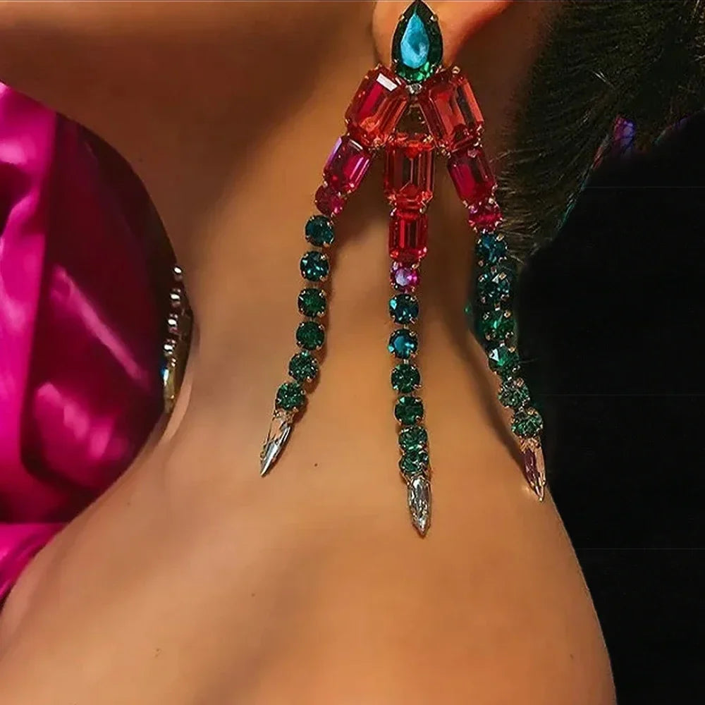 Oversized Colorful Crystal Rhinestone Long Tassel Earrings Drag Queen Stage Jewelry