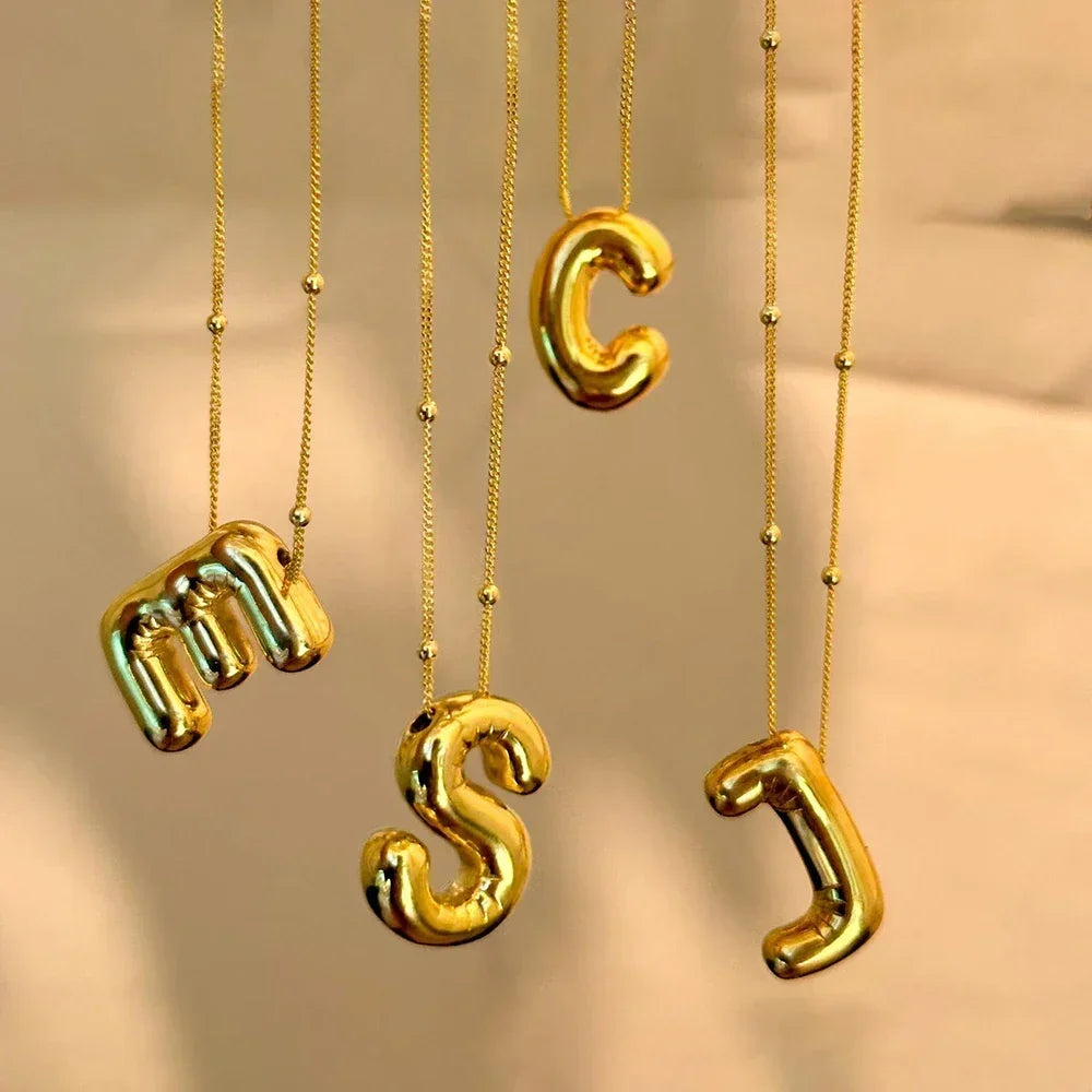 Vintage Stainless Steel Balloon Bubble Chunky Letter Necklace for Women 18K Gold Plated Initial Necklaces Collar Jewelry Gift LUXLIFE BRANDS