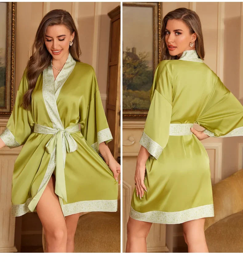 Female Robe Nightgown Summer Satin Sleepwear Loungewear Silky Printing Kimono Bathrobe Gown Yukata Sexy Casual Nightwear