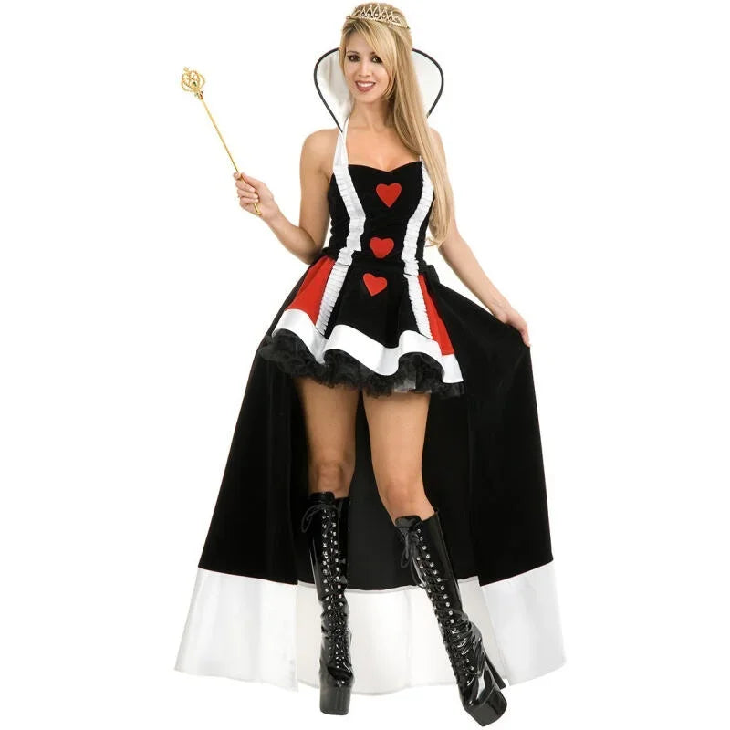 Alice In Wonderland Adult Women Fantasy Queen of Hearts Cosplay Costumes with Crown Halloween Party Dress