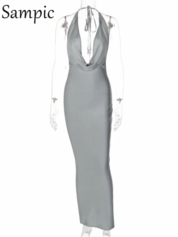 Sampic New Fashion Summer Women Clothes 2022 Red Long Wrap Halter Satin Dress Sexy Deep V Neck Party Night Club Backless Dress LUXLIFE BRANDS