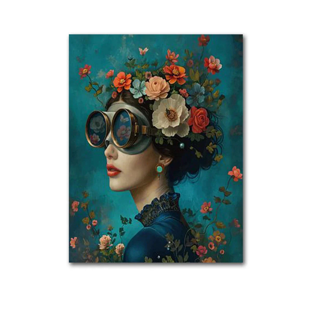 Nordic Boho Fashion Glasses Woman With Flowers Wall Art Canvas Painting Butterfly With Girl Portrait Poster Prints Mural Picture
