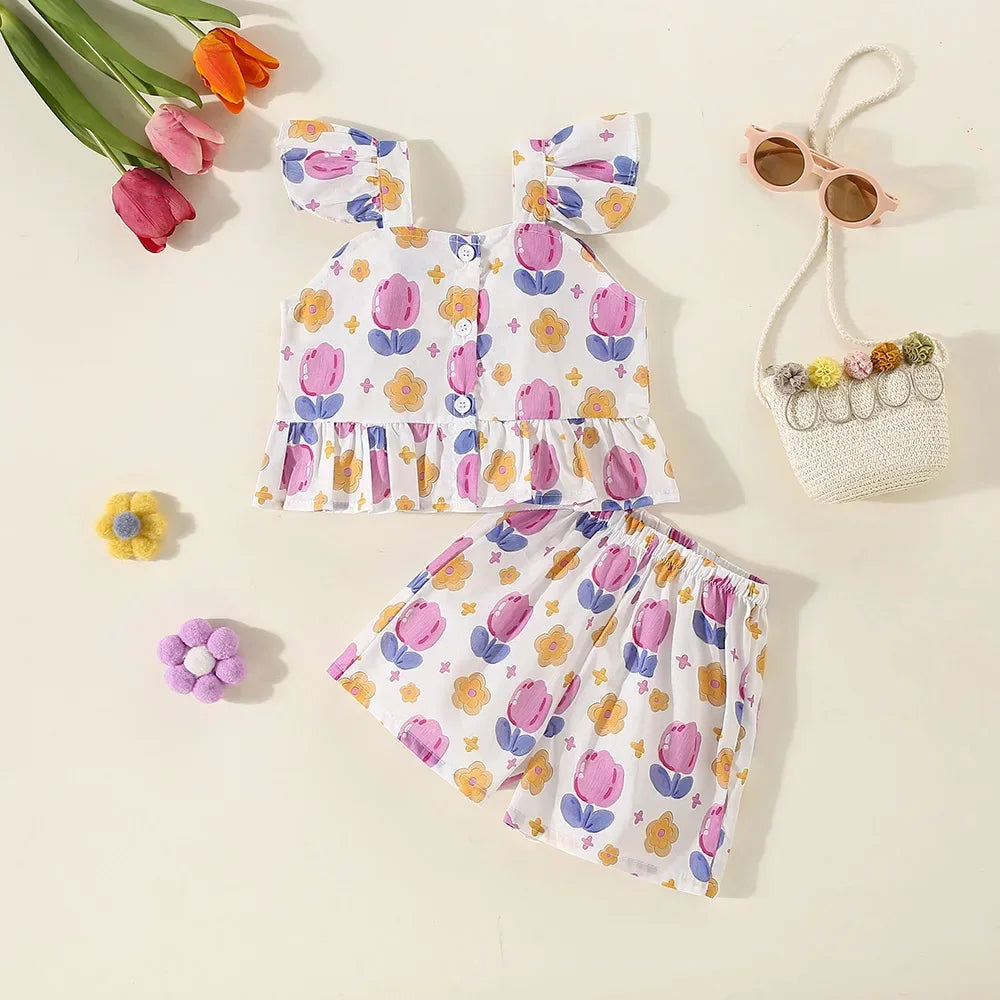 (0-3 Years Old) Summer Baby Girl Flower Small Flying Sleeve Top And Shorts Set Cute Beach Set For Girls Luxlife Brands